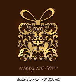 Beautiful greeting card with floral design decorated gift on brown background for Happy New Year celebration.