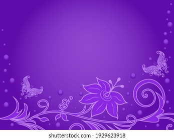 Beautiful greeting card with floral elements and butterflies in violet hues