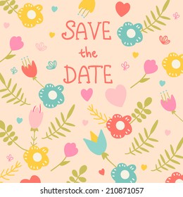 Beautiful greeting card with floral elements. Illustration can be used as greeting card, invitation wedding or birthday card. Cute summer background. 