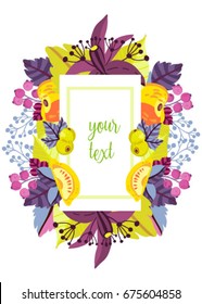 Beautiful greeting card, floral frame. Bright illustration, can be used as creating card,invitation card for wedding,birthday and other holiday and cute summer background. 