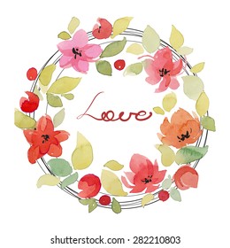 Beautiful greeting card with floral watercolor wreath. Bright illustration, can be used as creating card, invitation card for wedding,birthday and other holiday and cute summer background.