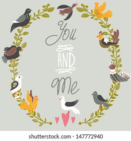 Beautiful greeting card with floral wreath and birds. Bright illustration, can be used as creating card, invitation card for wedding,birthday and other holiday and cute summer background.