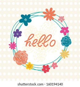 Beautiful greeting card with floral wreath and background in cute colors. Bright illustration, can be used as creating card, invitation card for wedding,birthday and other holidays.