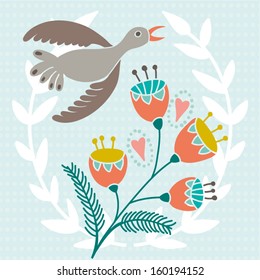 Beautiful greeting card with floral wreath and bird on the flower. Bright illustration, can be used as creating card, invitation card for wedding,birthday and other holiday and cute summer background.