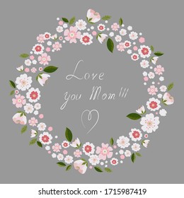 Beautiful greeting card with floral wreath. Bright illustration, can be used as creating card, invitation card for wedding,birthday and other holiday and cute summer background.