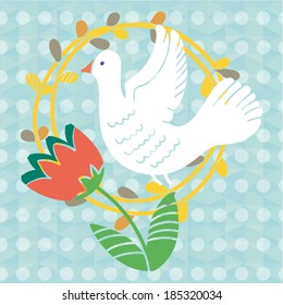 Beautiful greeting card with floral wreath and bird on the flower. Bright illustration, can be used as creating card, invitation card for wedding,birthday and other holiday and cute summer background.