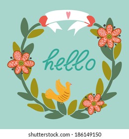 Beautiful greeting card with floral wreath. Bright illustration, can be used as creating card, invitation card for wedding,birthday and other holiday and cute summer background.