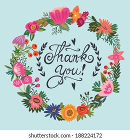 Beautiful greeting card with floral wreath "Thank you". Bright illustration, can be used as creating card, invitation card for wedding,birthday and other holiday and cute summer background.