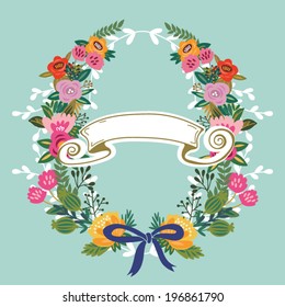 Beautiful greeting card with floral wreath. Bright illustration, can be used as creating card, invitation card for wedding,birthday and other holiday and cute summer background.