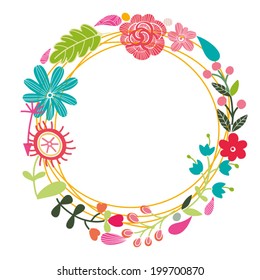 Beautiful greeting card with floral wreath. Bright illustration, can be used as creating card, invitation card for wedding,birthday and other holiday and cute summer background.