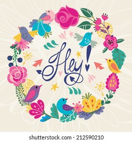 Beautiful greeting card with floral wreath. Bright illustration, can be used as creating card, invitation card for wedding,birthday and other holiday and cute summer background.