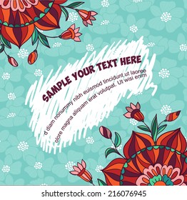 Beautiful greeting card with floral wreath. Bright illustration, can be used as creating card, invitation card for wedding,birthday and other holiday and cute summer background.