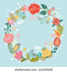 Beautiful greeting card with floral wreath. Bright illustration, can be used as creating card, invitation card for wedding,birthday and other holiday and cute summer background.