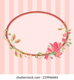 Beautiful greeting card with floral wreath. Striped background. Bright illustration, can be used as creating card, invitation card for wedding,birthday and other holiday and cute summer background.