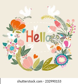 Beautiful greeting card with floral wreath. Bright illustration, can be used as creating card, invitation card for wedding,birthday and other holiday and cute summer background.