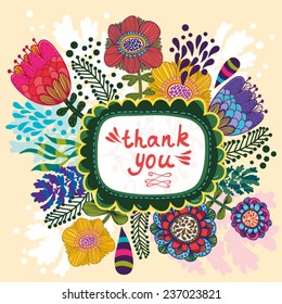 Beautiful greeting card with floral wreath. Bright illustration, can be used as creating card, invitation card for wedding,birthday and other holiday and cute summer background.