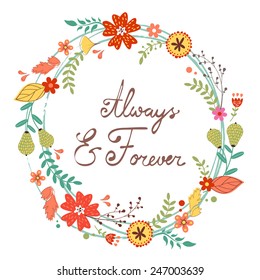 Beautiful greeting card with floral wreath. Can be used for wedding and birthday invitations and love cards
