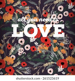 Beautiful greeting card of floral wreath and hand drawn letters "Do all things with love". Bright illustration, can be used as greeting card, invitations for wedding,birthday, cute summer background