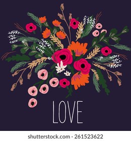 Beautiful greeting card of floral wreath and hand drawn letters "All you need is love". Bright illustration, can be used as greeting card, invitations for wedding,birthday, cute summer background