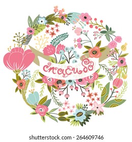 Beautiful greeting card with floral wreath. Bright illustration, can be used as creating card, invitation card for wedding,birthday and other holiday and cute summer background.
