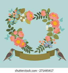 Beautiful greeting card with floral wreath with birds and ribbon. Vector illustration