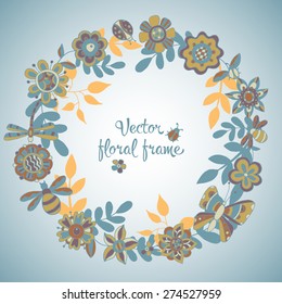 Beautiful greeting card with floral wreath. Bright illustration, can be used as creating card, invitation card for wedding,birthday and other holiday and cute summer background.