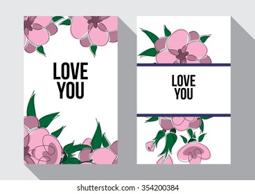 Beautiful greeting card of floral wreath and inspiration "Love you". Bright illustration, can be used as greeting card, invitations for wedding,birthday, cute summer background