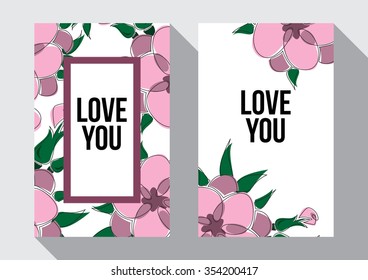 Beautiful greeting card of floral wreath and inspiration "Love you". Bright illustration, can be used as greeting card, invitations for wedding,birthday, cute summer background