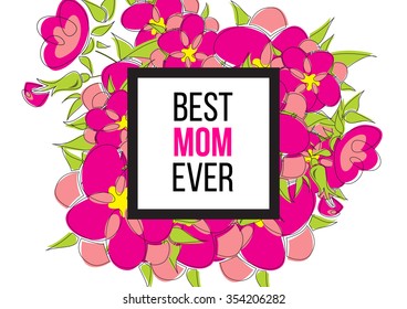 Beautiful greeting card of floral wreath and inspiration "Love you". Bright illustration, can be used as greeting card, invitations for wedding,birthday, cute summer background