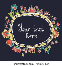 Beautiful greeting card with floral wreath. Bright illustration, can be used as creating card, invitation card for wedding,birthday and other holiday and cute summer background.