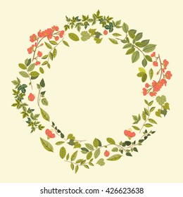 Beautiful greeting card with floral wreath. Bright illustration, can be used as creating card, invitation card for wedding,birthday and other holiday and cute summer background.