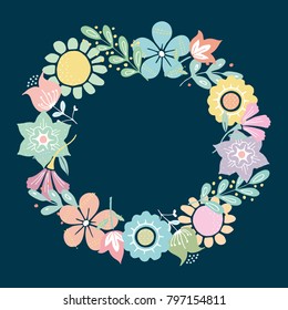 Beautiful greeting card with floral wreath. Illustration can be used as creating card, invitation card for wedding,birthday, anniversary and other holiday and cute spring background.
