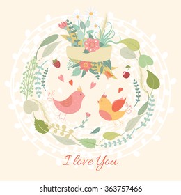 Beautiful greeting card with flower bouquet, leaf wreath and birds. I love you card.  It can be used as greeting card, invitation card for wedding,birthday and Valentines day