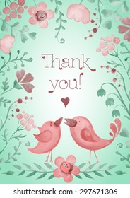 Beautiful greeting card with flowers and birds. Vector watercolor frame with floral elements.