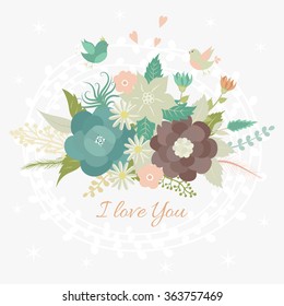 Beautiful greeting card with flowers and birds in pale colors. I love you card.  It can be used as greeting card, invitation card for wedding,birthday and Valentines day