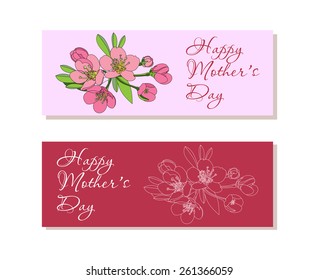 Beautiful greeting card with flowers. Bright illustration, card for wedding, birthday and other holiday and cute summer background. Set of horizontal banners with flowers for Mothers Day 