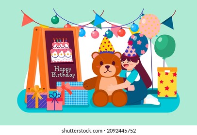 Beautiful greeting card frame in design decorated with party items, flat vector illustration