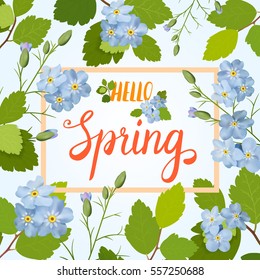 Beautiful greeting card with a frame of spring blue flowers and lettering