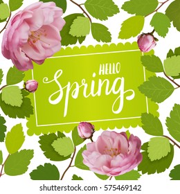 Beautiful greeting card with a frame of spring roses and lettering. 3d roses.