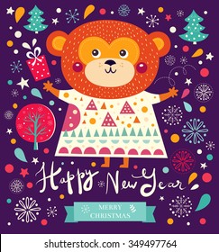 Beautiful greeting card with funny monkey. Happy New Year and Merry Christmas. Vector illustration.