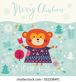 Beautiful greeting card with funny monkey. Happy New Year and Merry Christmas. Vector illustration.
