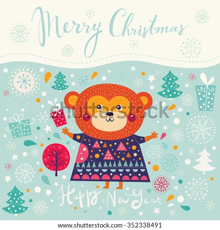 Beautiful greeting card with funny monkey. Happy New Year and Merry Christmas. Vector illustration.