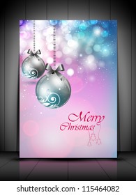 Beautiful greeting card, gift card or invitation card for Merry Christmas with Xmas balls on shiny snowflakes background. EPS 10.