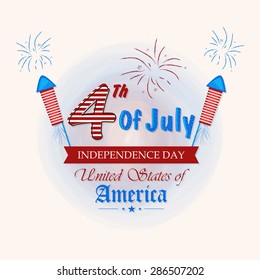 Beautiful greeting card with glossy text 4th of July on national flag color fireworks background for American Independence Day celebration.