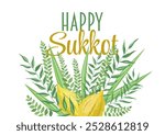 Beautiful greeting card, Happy Sukkot, Jewish Holiday. Banner with floral composition with arba minim, four species: etrog and palm, myrtle and willow branches.  Fruits and plants on white background.