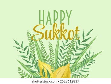 Beautiful greeting card, Happy Sukkot, Jewish Holiday. Banner with floral composition of arba minim, four species: etrog, palm, myrtle and willow branches. Fruits and plants on light green background.