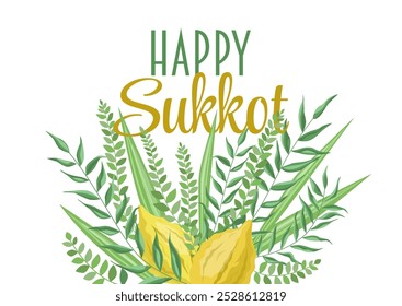 Beautiful greeting card, Happy Sukkot, Jewish Holiday. Banner with floral composition with arba minim, four species: etrog and palm, myrtle and willow branches.  Fruits and plants on white background.