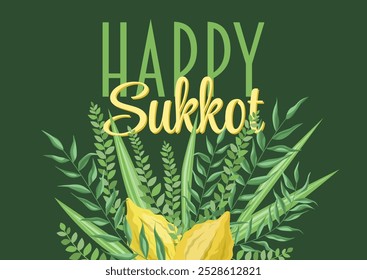 Beautiful greeting card, Happy Sukkot, Jewish Holiday. Banner with floral composition of arba minim, four species: etrog, palm, myrtle and willow branches. Fruits and plants on dark green background.