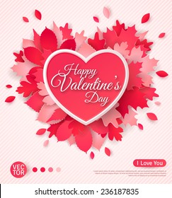 Beautiful greeting card with heart and leaves. Happy Valentine's day. Vector illustration.