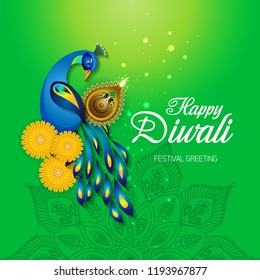 Beautiful greeting card for Hindu community festival Diwali,Diwali festival holiday design with Peacock design.
